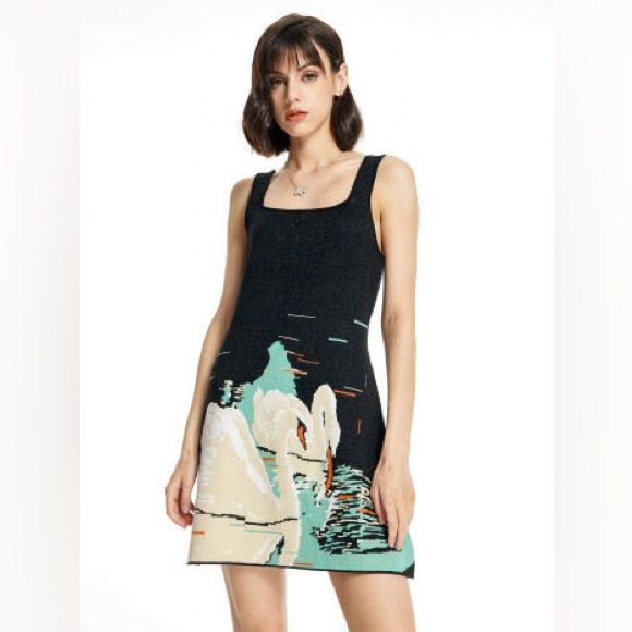 Cider Dresses & Skirts - Adorable CIDER SWAN PRINT Black Sparkly KNIT Sweater Mini DRESS Boho Rare XS